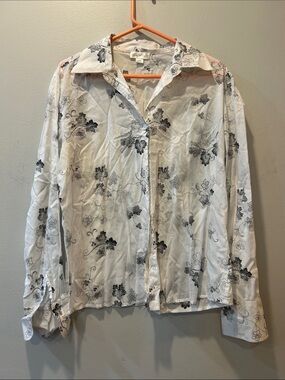 Fair Indigo White Button-Up Blouse with Black Floral Dot Print